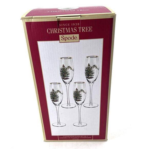 Spode Christmas Tree 8 oz. Champagne Flutes Glasses  Set of 4 - Picture 1 of 9